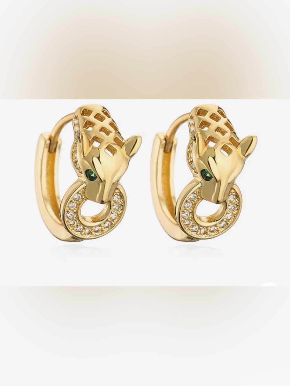 Gold Tone Panther Hoop Earrings with Green Eyes